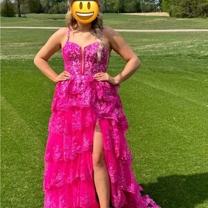 Vibrant Pink Lace Tiered Gown